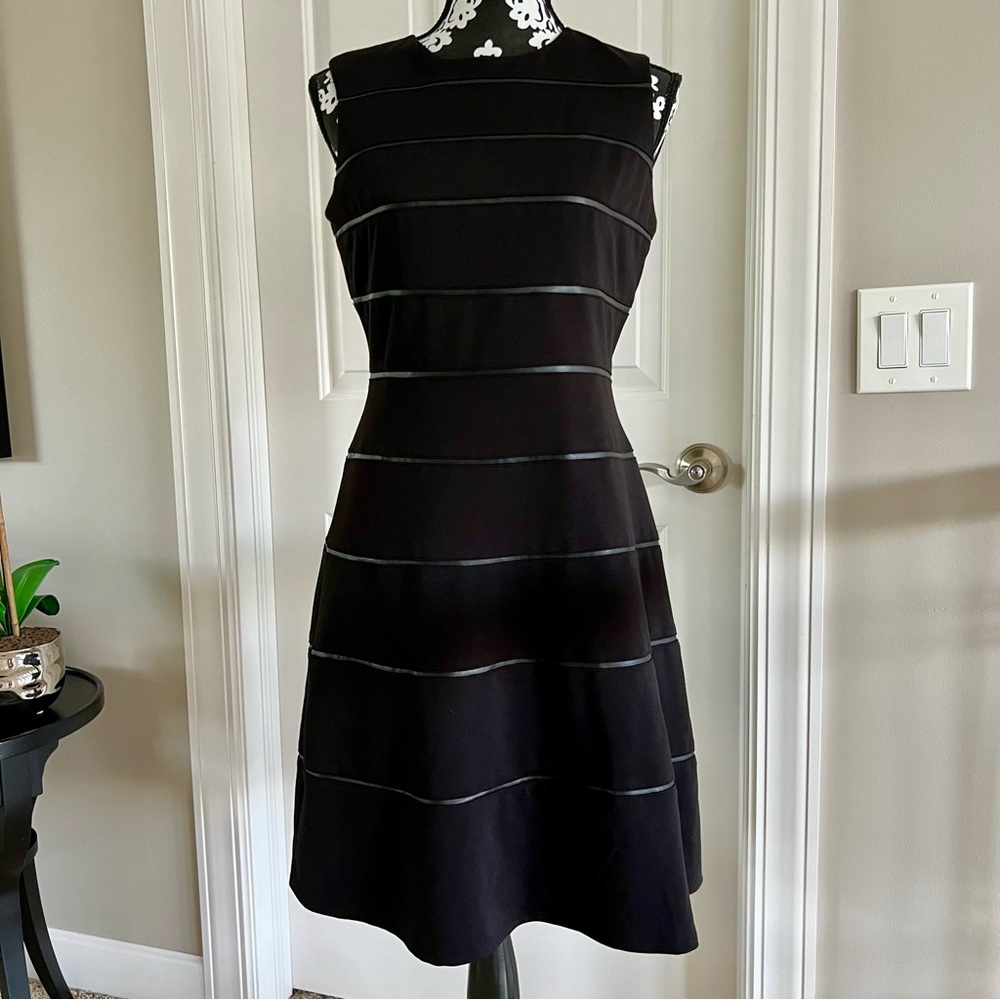 Calvin Klein | Fit and Flare Dress with Faux Leather Stripe Detail, Black Size 8